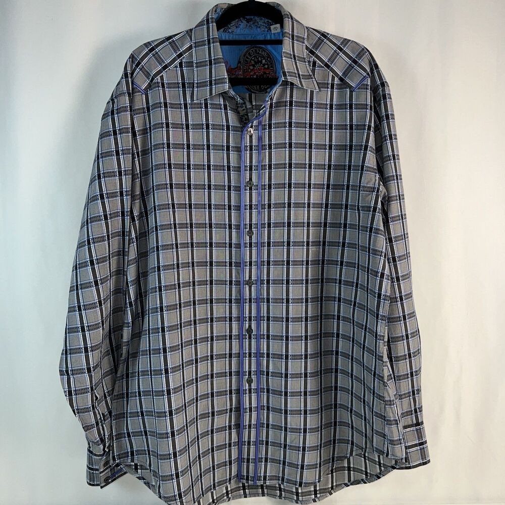 Robert Graham Flip Cuff Shirt Men's Size L Gray/Black/ Blue Check Long Sleeve
